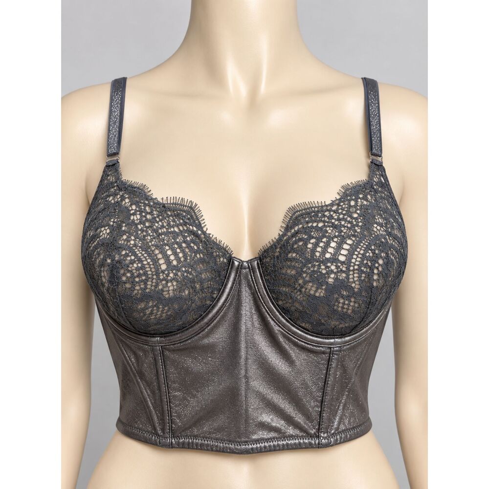 Victoria’s Secret Dream Angels Longline 34C Corset Style Bra Silver/ Gray W/Lace